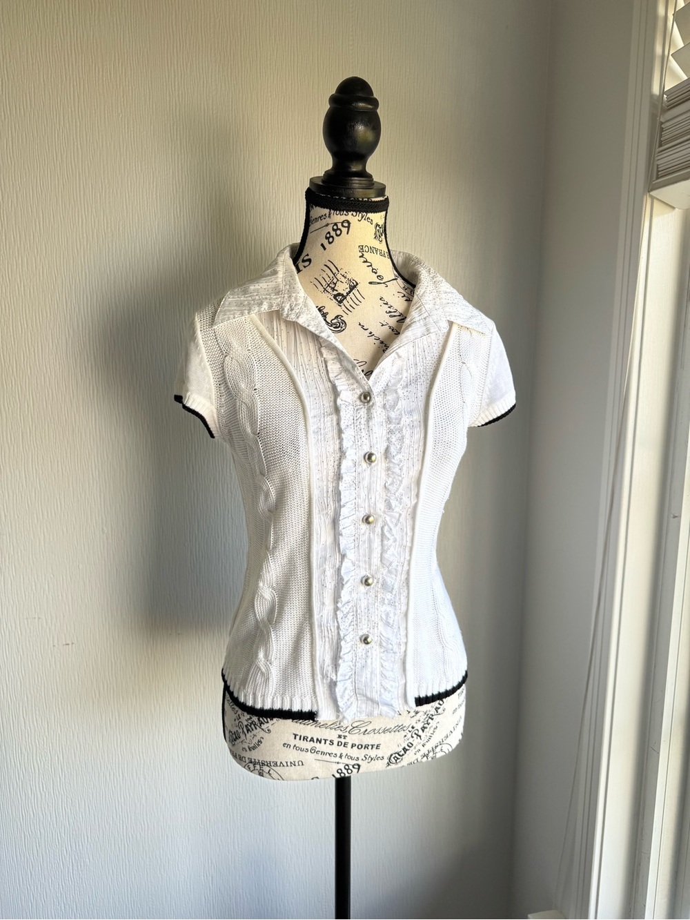 White Short-Sleeve Knit Button-Up Top with Ruffle Front